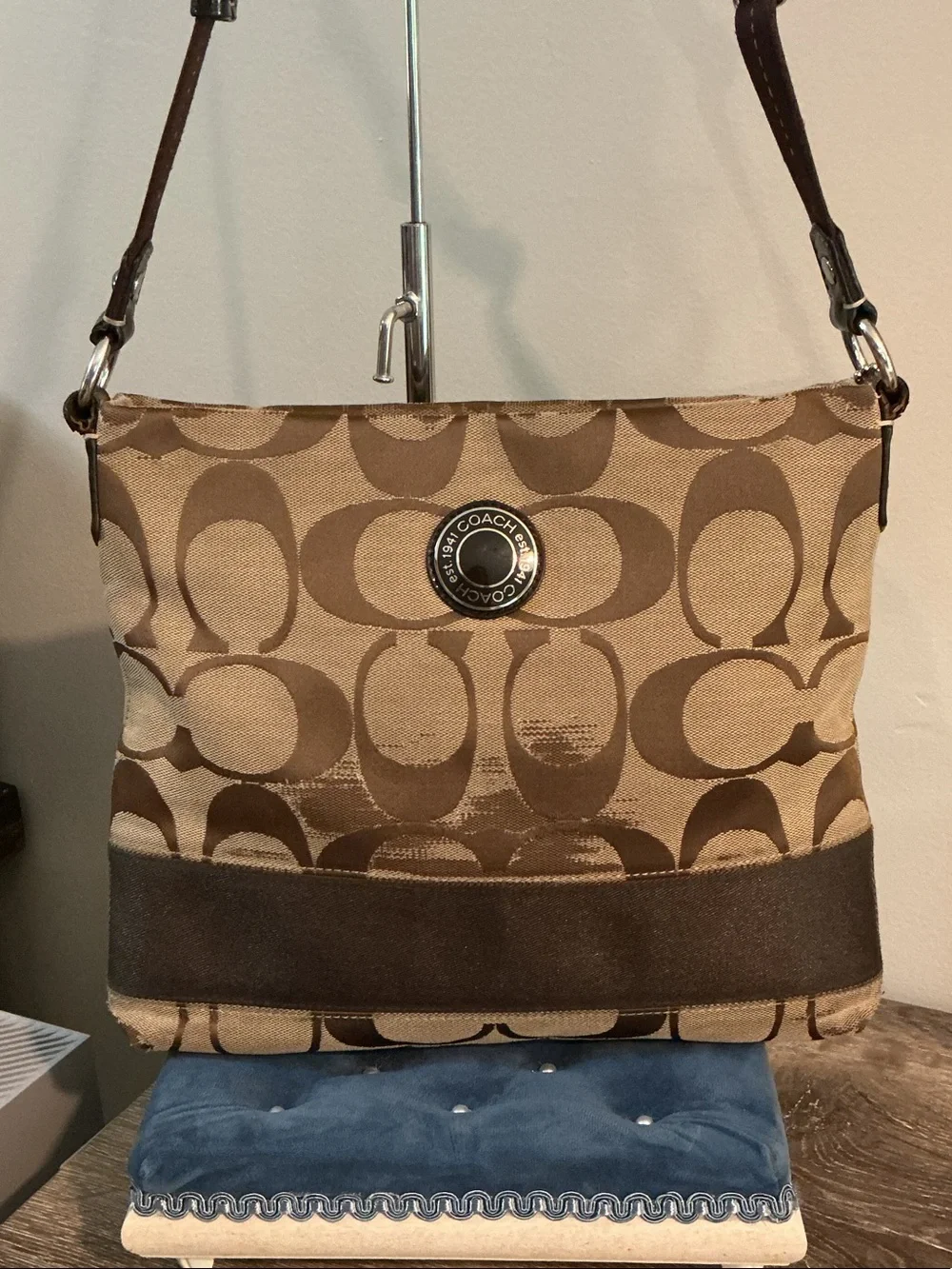 Coach Brown Signature Canvas Crossbody Bag with Dark Brown Trim